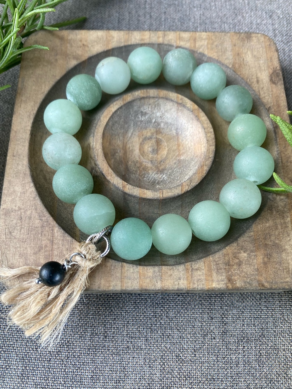 Chunky Green Beaded Stretch Bracelet with Jute Tassel